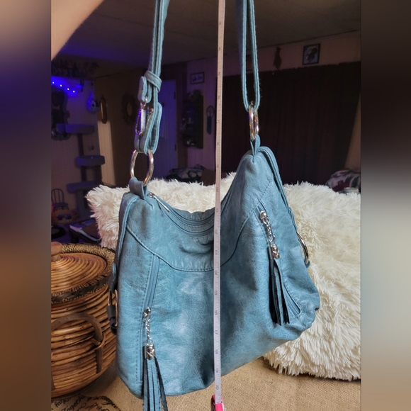 Used pretty greyish blue shoulder bag with silver tone hardware good cond - Picture 5 of 12